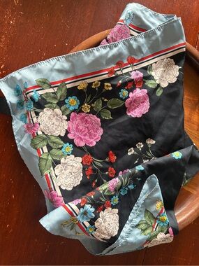 H&M Floral Black and Light Blue Silk-Feel Scarf